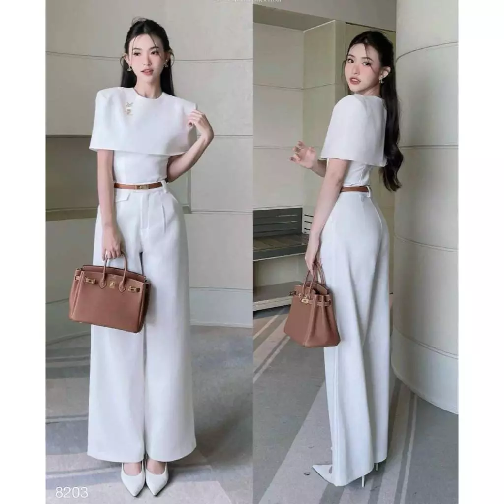 kudapy เซตเสื้อแต่งคลุมไหล่+กางเกงขายาวทรงกระบอกสีขาว ,สีชมพู