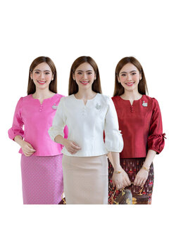 kudapy เสื้อสีขาว/สีชมพู/สีแดงเลือดหมู/สีน้ำตาล เนื้อผ้าทอ เนื้อเบาสบาย ใส่สบายผิว มีลายเส้นในตัว ใส่คู่กับ ผ้าไทยลายแพรวา หรือ ผ้าลายกวินตาทอสอดดิ้นหรูหรา
