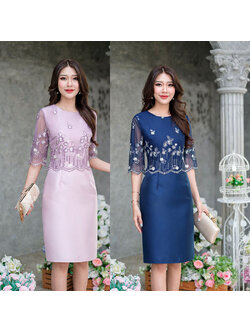 kudapy เดรสสั้นสีกรม/สีม่วงเผือก ผ้าไหมลูกไม้ปักลายเชิงสวยหวาน ดีไซน์เย็บคลุมด้วยเสื้อลูกไม้แขนศอกด้านบน