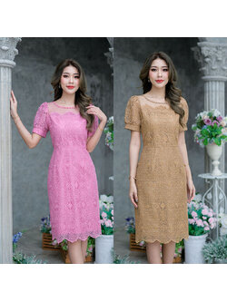 kudapy เดรสสั้นสีชมพู/สีน้ำตาล ลายลูกไม้ เล่นเชิงผ้าช่วงอกเป็นเคิฟ+ผ้าโปร่งซีทรู งานสวยดีเทลน่ารัก มีตกแต่งมุกรอบคอเพิ่มความหวานไปอีก แขนทรงตุ๊กตาน่ารักมาก