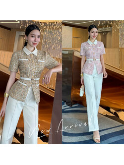 kudapy ชุดเซ็ท 3 ชิ้น เสื้อทวิตแขนสั้น + กางเกง มาพร้อมเข็มขัด เสื้อทวีตแขนสั้น คอปก