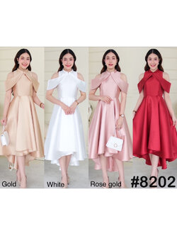 kudapy เดรสหน้าสั้นหลังยาวสีทอง/สีขาว/สีโรสโกล/สีแดง คอจีนสุดชิค ดีเทลป้ายไขว้พรางต้นแขน ซิปหลัง กระดุมหลังคอ กระโปรงทรงหน้าสั้นหลังยาว