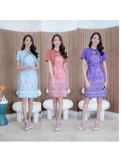kudapy เดรสสั้นสีฟ้า/สีม่วง/สีส้มอิฐ ลายดอกแต่งกั๊กท่อนบน