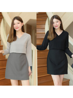kudapy เดรสสั้นสีดำ/สีเทาเข้ม คอวีแขนยาว เป็นเดรสซิปหลัง ตัดต่อช่วงตัวด้วยผ้าชีฟอง ดูภายนอกเหมือนใส่แยกชิ้น