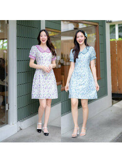 kudapy เดรสสั้นสีฟ้า/สีม่วง ผ้าฉลุคอบัวลายสก๊อต ใส่สบายสวยดูดี