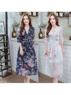 kudapy เดรสยาวสีขาว,สีกรม ลายดอกแขนยาว+เข็มขัดใส่แล้วดูดีสวย