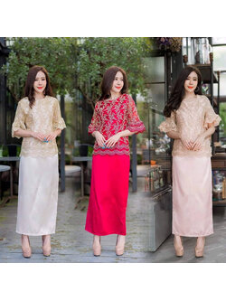 kudapy ชุดเซตไปงาน สีแดงเบอร์กันดี้/สีครีมทอง/สีชมพูโรสดกลด์ เซตเสื้อลูกไม้+กระโปรงผ้าไหม