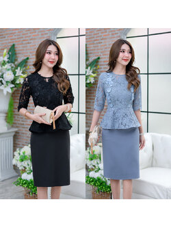 kudapy เดรสสั้นสีเทาฟ้า/สีดำ ผ้าลูกไม้แขนศอกแต่งดอกไม้ช่วงอกงานสวยหวานค่ะ เอวเป็นเอวระบาย กระโปรงเป็นงานผ้าพื้น