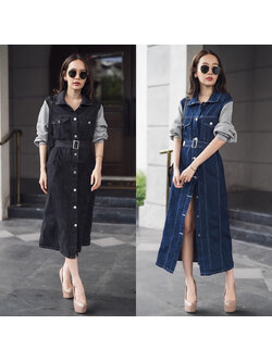 kudapy เดรสยาวยีนส์สีกรม/สีดำ แต่งกระดุมหน้า ต่อแขนผ้าคัตตอน งานน่ารัก