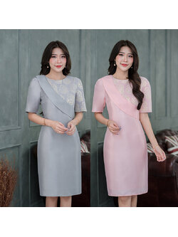 kudapy เดรสผ้าไหมญี่ปุ่นสีชมพูโอรส,สีเทา เดรสคอกลม แขนสั้น แต่งสายพาดบ่าแบบนางงาม ทรงตรง ตีเกร็ดหน้าหลังแขนสั้นทรงใส่ง่าย