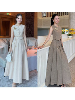 kudapy เซ็ท 4 ชิ้น เสื้อ Vest+กระโปรงยาว+เข็มขัดโซ่+เข็มกลัดดอกไม้ เสื้อกับกระโปรงเราใช้ผ้าเดียวกันทั้งชุด เนื้อผ้ามีน้ำหนัก ทิ้งตัวดี ย