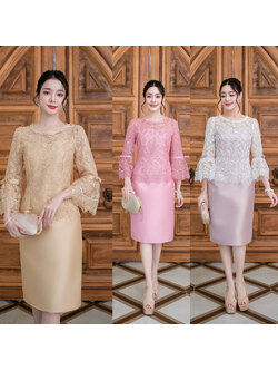 kudapy เดรสสั้นสีทูโทน(ชมพูอ่อน/ขาว)/สีชมพู/สีเหลืองทอง ผ้าไหมแขนยาวระบาย เป็นงานผ้าตาข่ายปักลาย ลายเรียบหรูลายใบไม้เรียงรายสวยงาม