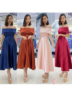 kudapy เดรสเปิดบ่า พับอก หน้าสั้นหลังยาวสีกรม แดงไวน์ ครีมทอง คอปเปอร์ อัดกาวเก็บทรงสวย สามารถยืดหยุ่นได้