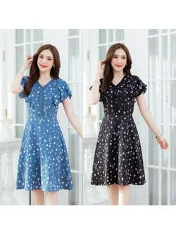 kudapy เดรสสั้นสีดำ/สีคราม พิมพ์ลายหัวใจและดอกไม้ แพทเทิร์นระบายแขนปีก ช่วงแขนเป็นชีฟองพื้นซ้อนกัน