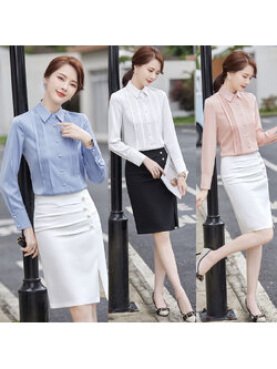 kudapy เสื้อเชิ้ตทำงานผู้หญิงสีขาว/สีชมพู/สีฟ้า คอปกแต่งจีบแขนยาว (เฉพาะเสื้อ)