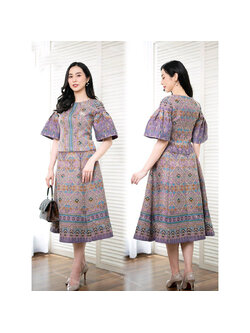 kudapy เซ็ทผ้าฝ้ายทอลายขอประยุกต์ ผ้าพื้นเป็นอมม่วง ทอลายกาฬสินธุ์