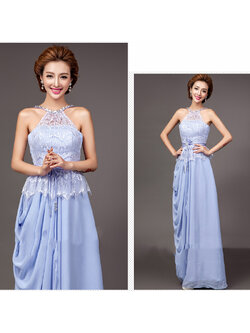 kudapy ชุดราตรียาวสีม่วง เกาะอก คล้องคอ กระโปรงจับจีบ สวยหวานด้วยลูกไม้ช่วงอก (ซิปหลัง)