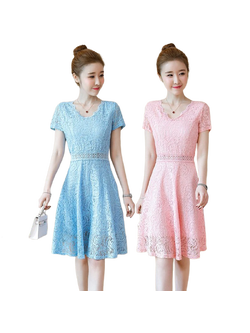 kudapy เดรสสั้นคอกลมแต่งรอยหยักสีชมพู/สีฟ้า เดรสแขนสั้น เอวแต่งดีเทลผ้าลูกไม้โชว์เนื้อด้านใน ทรงสวยม้ากก