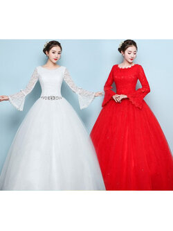 kudapy เดรสยาวสีขาว/สีแดง ชุดเจ้าสาวเขนยาว ลูกไม้ ผ้าซาติน ตาข่าย ลูกไม้กระโปรง เย็บ 6 ชั้น