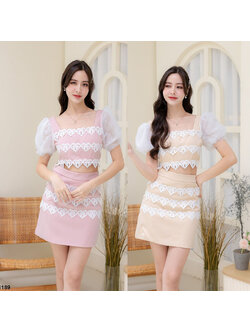 kudapy ชุดเซ็ทกระโปรงสีครีม/สีชมพู กางเกง แขนผ้าแก้วแต่งลูกไม้