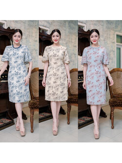 kudapy เดรสสั้นสีฟ้า/สีครีม/สีฟ้าคราม ผ้าพิมพ์ลาย เนื้อผ้าเย็นลื่นสบาย งานดีไซน์แขนระบายสองชั้น พิมพ์ลายกุหลาบไล่สีสวย
