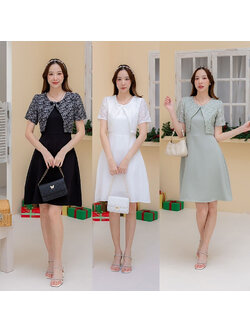 kudapy เดรสสีพื้นทรงบานแต่งเสื้อลายดอก+กระดุมคอ 2 ชิ้น