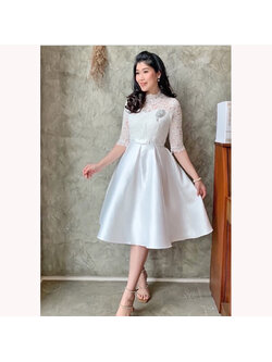 kudapy ชุดเดรสออกงานผ้าลูกไม้สีขาว/ชมพู/ทอง แขนสามส่วน ไหล่ซีทรู เดรสผ้าไหมออกงาน