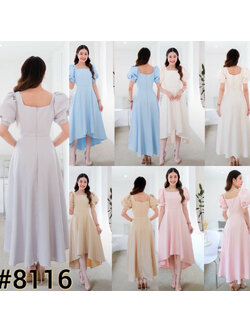 kudapy เดรสพองสีขาวงาช้าง/ฟ้า/ชมพูพาสเทล/เทาอ่อน/ทอง คอเหลี่ยม เกาหลีมากแม๊ คัตติ้งเริศแบบอลัง กระโปรงทรงหน้าสั้นหลังยาว