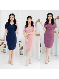 kudapy เดรสสั้นสีม่วง/สีชมพู/สีกรม สทรงเข้ารูป แต่งผ้าชีฟองช่วงแขน คอวี สีสุภาพซิปซ่อนด้านหลัง