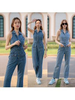 kudapy จั้มขายาวยีนส์สีฟ้า/สีกรม แต่งกระดุมหน้า คอปก แขนกุด ใส่สวยดูดี