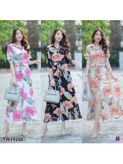 kudapy เดรสเชิ้ตยาวสีขาว/สีดำ/สีครีม แขนยาว ติดกระดุมด้านหน้า มีโบว์ผูกเอวปรับระดับได้ ผ้า100D พิมพ์ลายดอกใหญ่