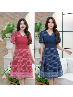 kudapy เดรสสั้นคอวีสีแดง/สีกรม ผ้าไทยลายขอ ทรงแขนสั้นบอลลูนพิมพ์ลายสวย เนื้อผ้าใส่สบาย มีซับในทั้งชุด