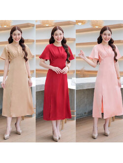 kudapy เดรสยาวสีน้ำตาล/สีแดงไวน์/สีชมพูโอรส แขนกระดิ่ง เอวสูงจีบโค้งใต้อก เป็นผ้าซาตินเนื้อหนา