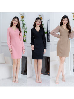 kudapy มินิเดรสแขนยาว คอวี แต่งกระดุม ผ้าเรียบๆ ทรงมินิมอล สีโทนสุภาพใส่ไปทำงาน
