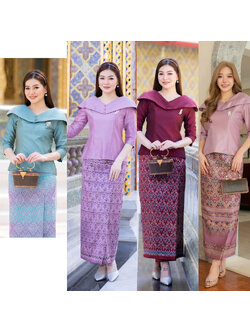kudapy ชุดเซ็ทเสื้อ+ผ้าถุง สีแดง/สีม่วง/สีเขียว เสื้อผ้าไหมไทยแพรทิพย์ ผ้าถุงเป็นผ้าไหมทอเครื่องลายแพรมัดหมี่เกสร