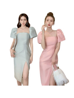 kudapy ชุดเดรสสั้นใส่ไปงาน เดรสคอสี่เหลี่ยมสีเขียว สีชมพู แขนพัฟยกสูง ผ่าข้าง ผ้าซาติน เซ็กซี่ แฟชั่นสําหรับผู้หญิงใส่ไปงาน
