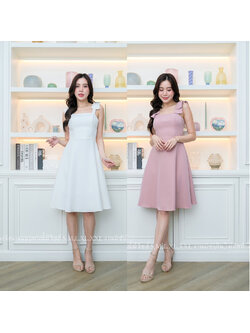 kudapy เดรสสั้นสีชมพู/สีขาว ไหล่โบว์ กระโปรงทรงบานคลุมเข่า
