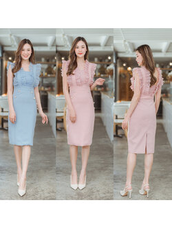 kudapy เดรสสั้นสีชมพู/สีฟ้า แขนระบายลูกไม้เข้ารูป