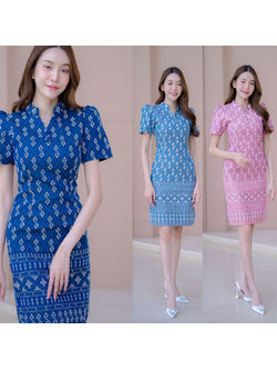 kudapy เดรสสั้นสีเทา/สีกรม/สีชมพู ผ้าไทยคอปีนลายขอ