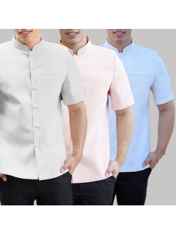 kudapy เสื้อผ้าไหมคอพระราชทาน คอจีนสีไข่,สีขาว,สีขาวออฟไวน์ เสื้อผ้าไทยผู้ชาย คอเชิ้ต ผ่าหน้า แขนสั้น