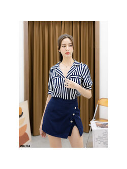 kudapy เซ็ทเสื้อลายทางขาวน้ำเงิน+กระโปรงกางเกงติดมุกดอกไม้