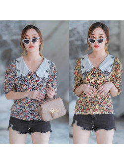 kudapy เสื้อลายดอกสีขาว/สีเหลือง แต่งคอปกปักลาย กระดุมหน้าเรียงแกะได้
