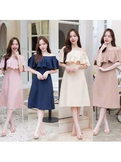 kudapy เดรสสั้นสีโอวัลติน/สีครีม/สีกรม/สีชมพู เปิดไหล่ดีไซน์สุดหวานมาพร้อมระบายช่วงอกเสริมลุคให้ดูโดดเด่นมีสไตล์