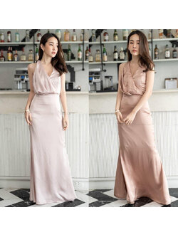 kudapy เดรสยาวสีโรสโกลด์/ครีม ไขว้หน้า ผ้าวาเลน มีซับในค่ะ เนื้อผ้านิ่มๆ ใส่สบาย ทรงกระชับหุ่น