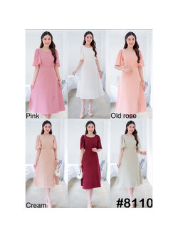 kudapy เดรสสั้นสีขาว,ชมพู,แดง,เขียวพิตาชิโอ้,ครีมนู้ด,ส้มโอรส คอกลม ไหล่จับจีบแขนทรงกระดิ่ง มีริบบิ้นเอวผูกโบว์หน้า/หลัง