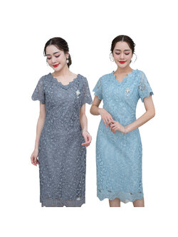 kudapy เดรสสั้นสีฟ้า/สีเทา ผ้าลูกไม้เงาทอลายผ้าผสมเลื่อมสวยงาม รอบคอตกแต่งดอกไม้รอบคอสวยหวาน สำเนา