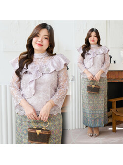 kudapy ชุดเซ็ทออกงานสีเทา +ผ้าถุงทอลายแพรวากาฬสินธุ์ คอจีน แขนยาว แต่งระบายไหล่