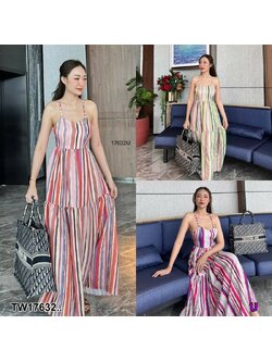 kudapy แม็กซี่เดรสยาวลายทาง สายเดี่ยวสานหลัง ยางยืดเอว แต่งระบายชั้น ผ้านูนลายริ้ว