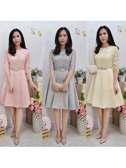 kudapy เดรสสั้นสีชมพู/เทา/ครีม ลูกไม้ แขนสามส่วน แถมเข็มขัดใบไม้ตามแบบ