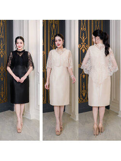 kudapy เดรสผ้าไหมอัดกาวทั้้งชุด าลูกไม้ฝรั่งเศสคอกลมเย็บแต่งจีบรอบคอได้ลุคหรูหรา ลูกไม้ปล่อยทิ้งตัวเป็นงานคลุมไหล่ด้านหน้าสั้นด้านหลังยาวถึงช่วงเอว